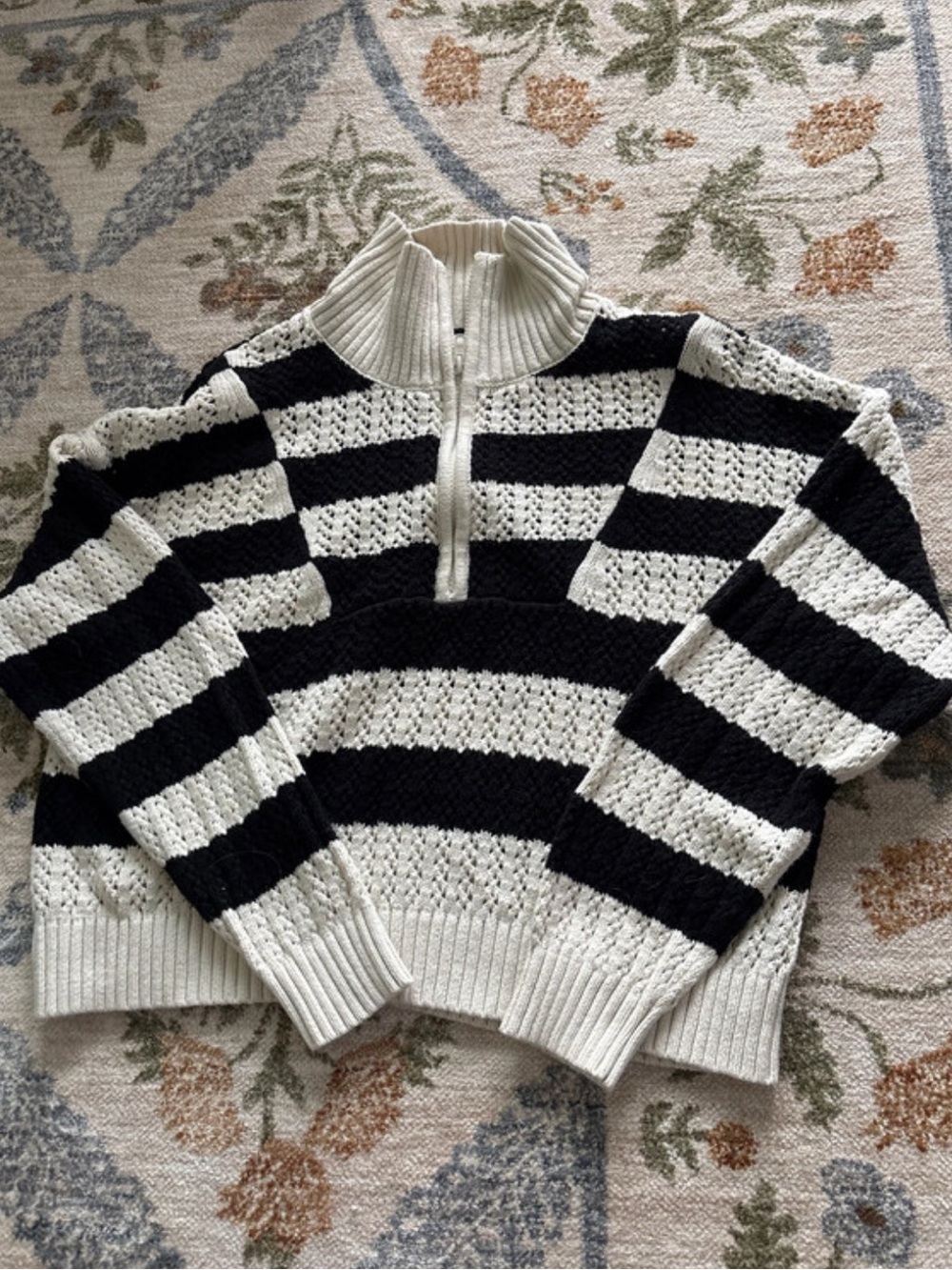 Black and white Striped Half-Zip Sweater